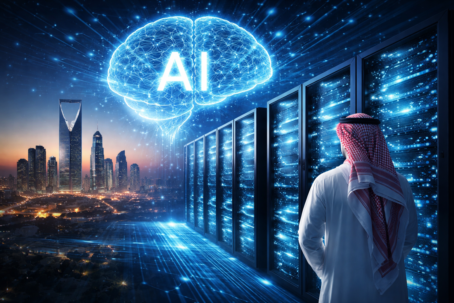 Futuristic data center overlooking Riyadh skyline with glowing AI imagery, symbolizing Saudi Arabia’s push to become a global hub for artificial intelligence.