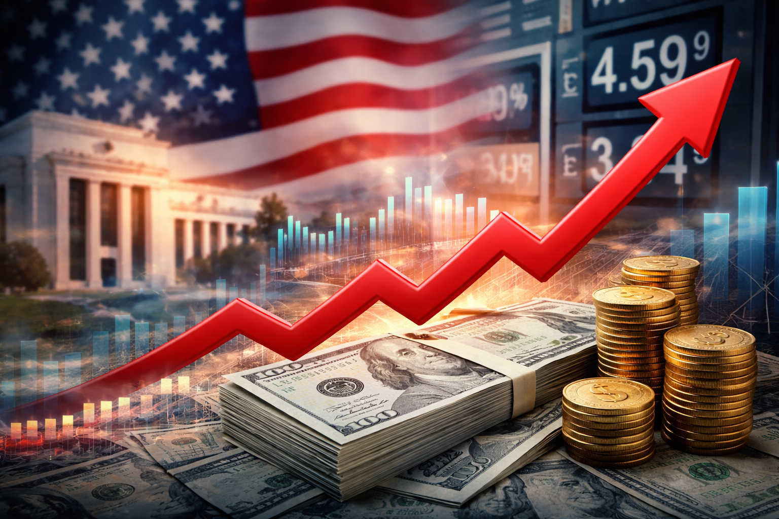 Illustration showing U.S. dollar bills and gold coins beneath a rising market arrow, with the Federal Reserve building and the American flag in the background.