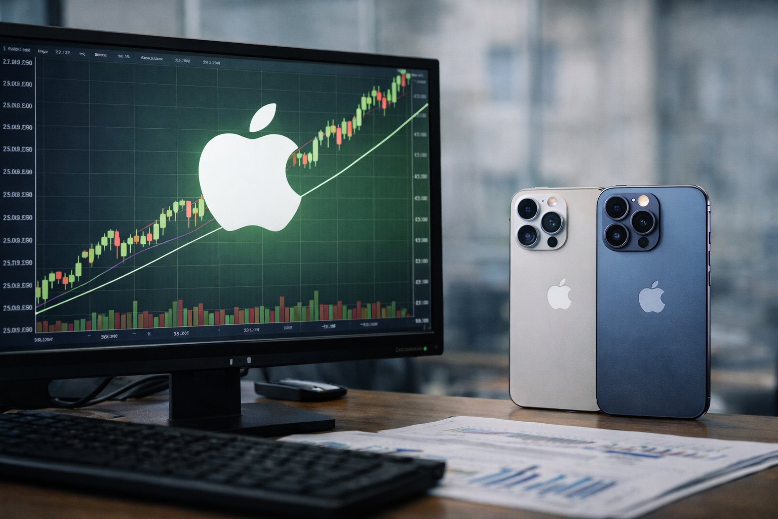 Apple logo displayed on a trading screen with rising stock chart beside two iPhones on a desk.